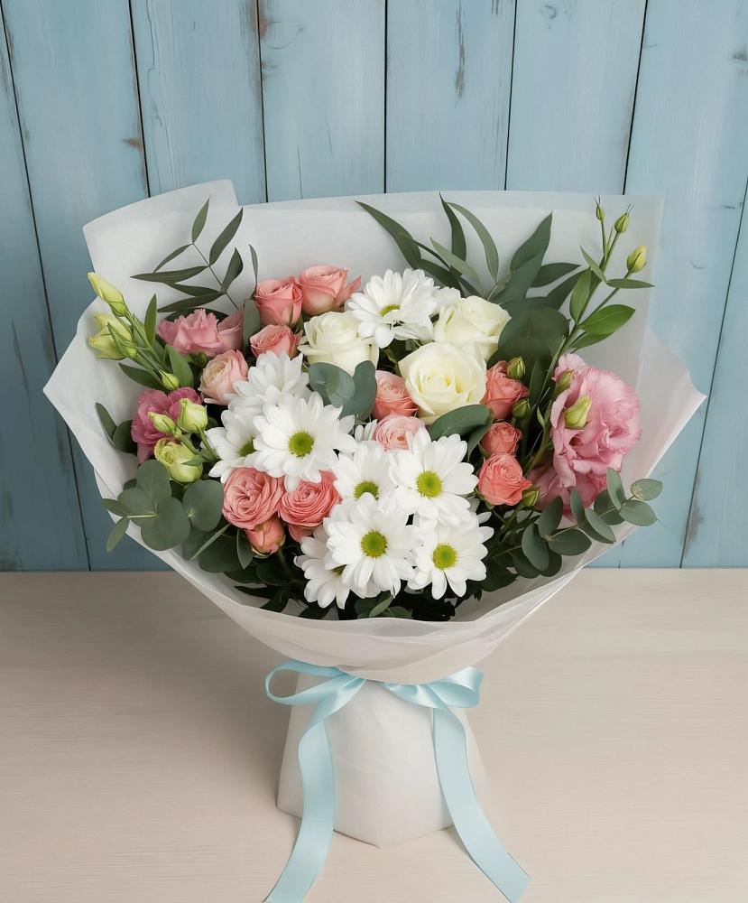 Букет цветов из: Розы, Лизиантусы и Хризантемы в Белушью Губу