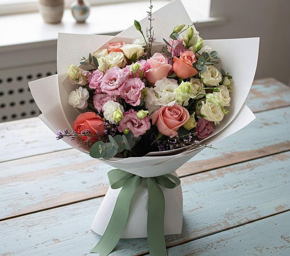 Букет цветов из: Розы, Лизиантусы и Гвоздики в Белушью Губу