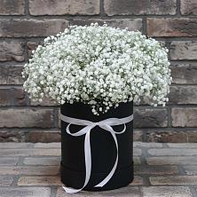 Цветочная композиция из Гипсофила в шляпной коробке в Белушью Губу