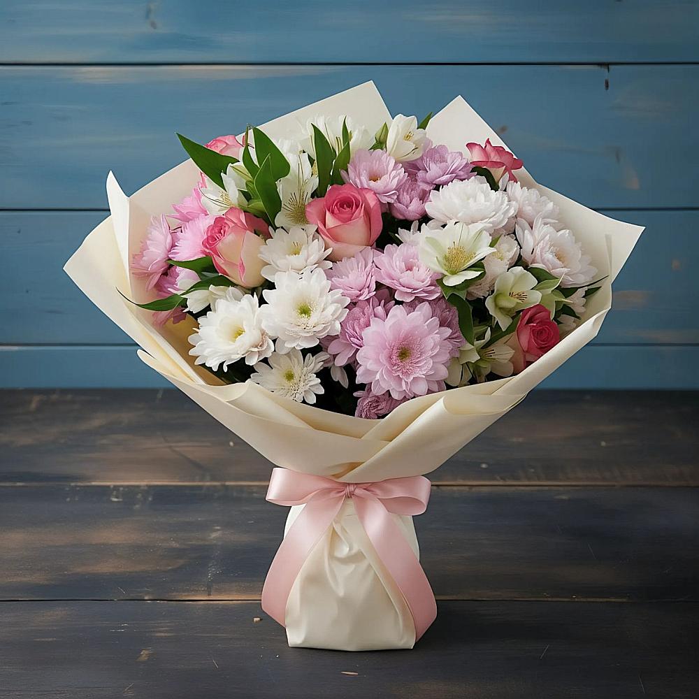 Букет цветов из: Хризантемы, Альстромерии и Розы в Белушью Губу